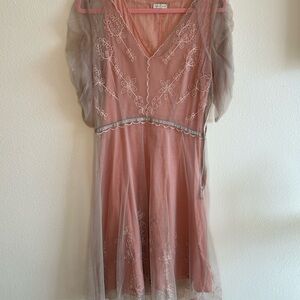 AGE OF LOVE Pink Embroidered Dress with Sheer Sleeves